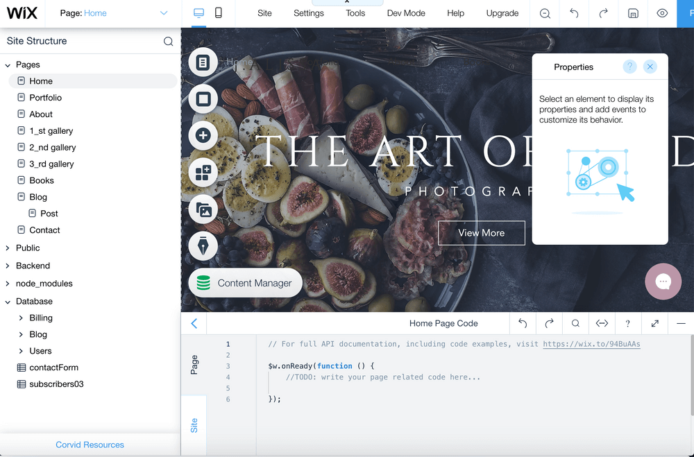 A screenshot showing dev mode in Wix's canvas