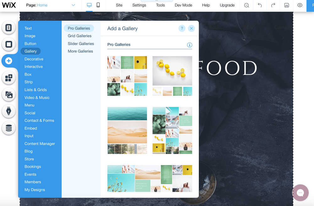 A screenshot showing opening the gallery from Wix's canvas.