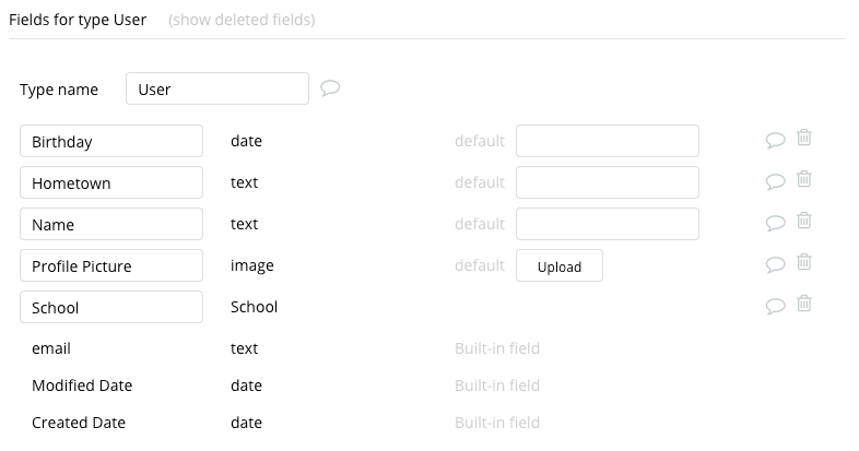 Bubble Facebook Clone User Data Types Fields