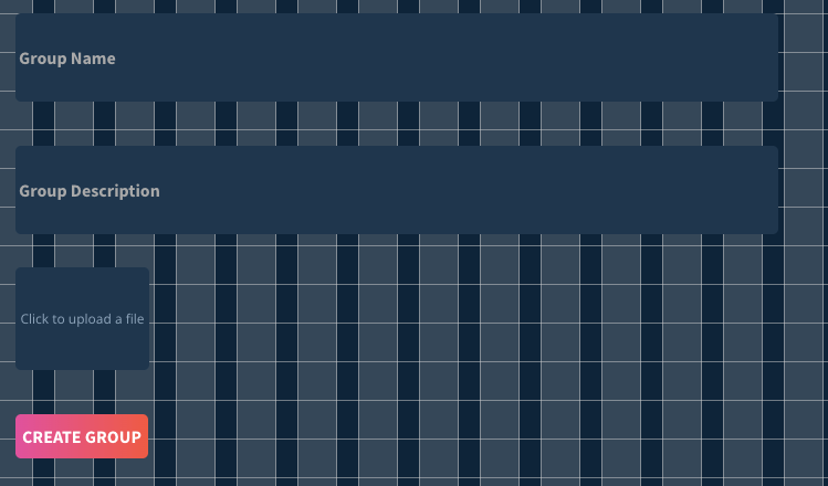 Create group page with input elements, file uploader, and button