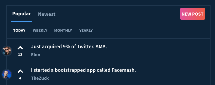 Homepage of Indie Hackers clone with posts submitted by users