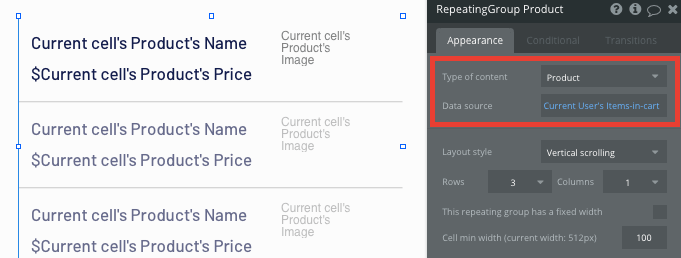Using Bubble’s no-code repeating group to display a list of Shopify products