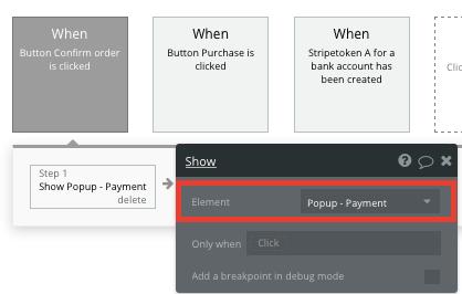 Using Bubble’s visual workflow editor to display a payment form