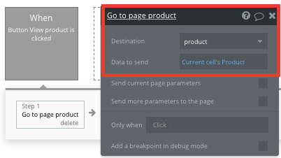 Using Bubble’s workflow editor to create a product navigation event