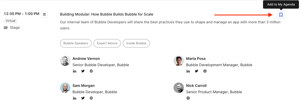 A screengrab of the Hopin platform, showing how to add a session to your agenda.