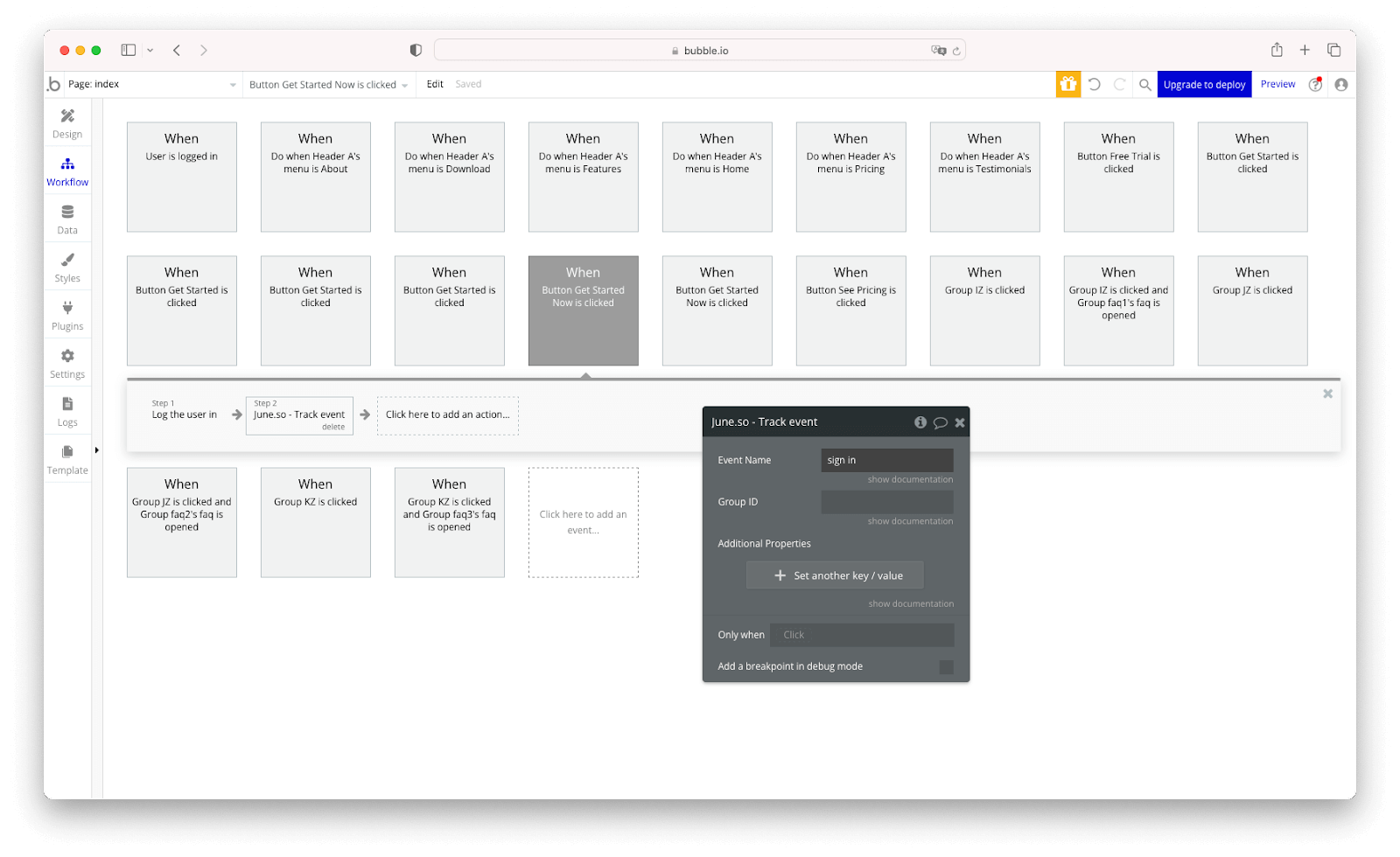 A screenshot from the Bubble Workflow editor depicting how a user might track a "sign in" event via the June plugin.