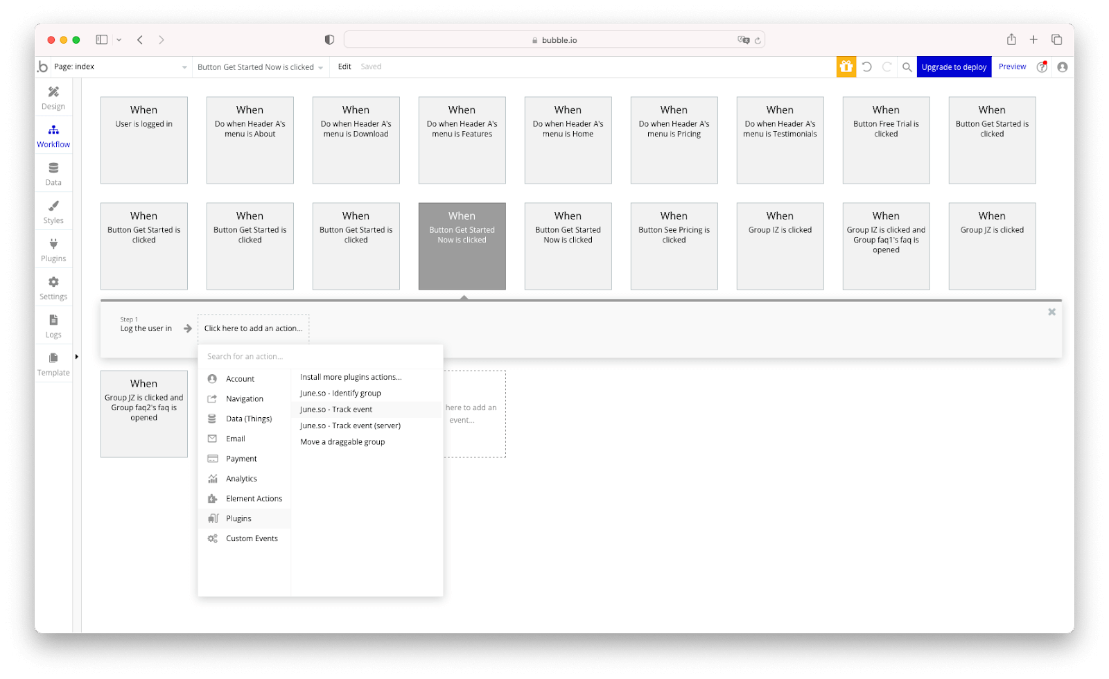 A screenshot from the Bubble Workflow editor depicting various example events that a user may want to track via the June plugin.