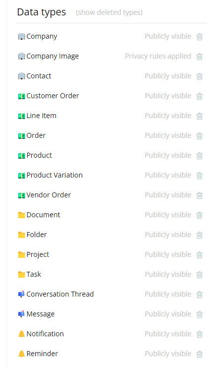 A screenshot of data types organized using emojis.