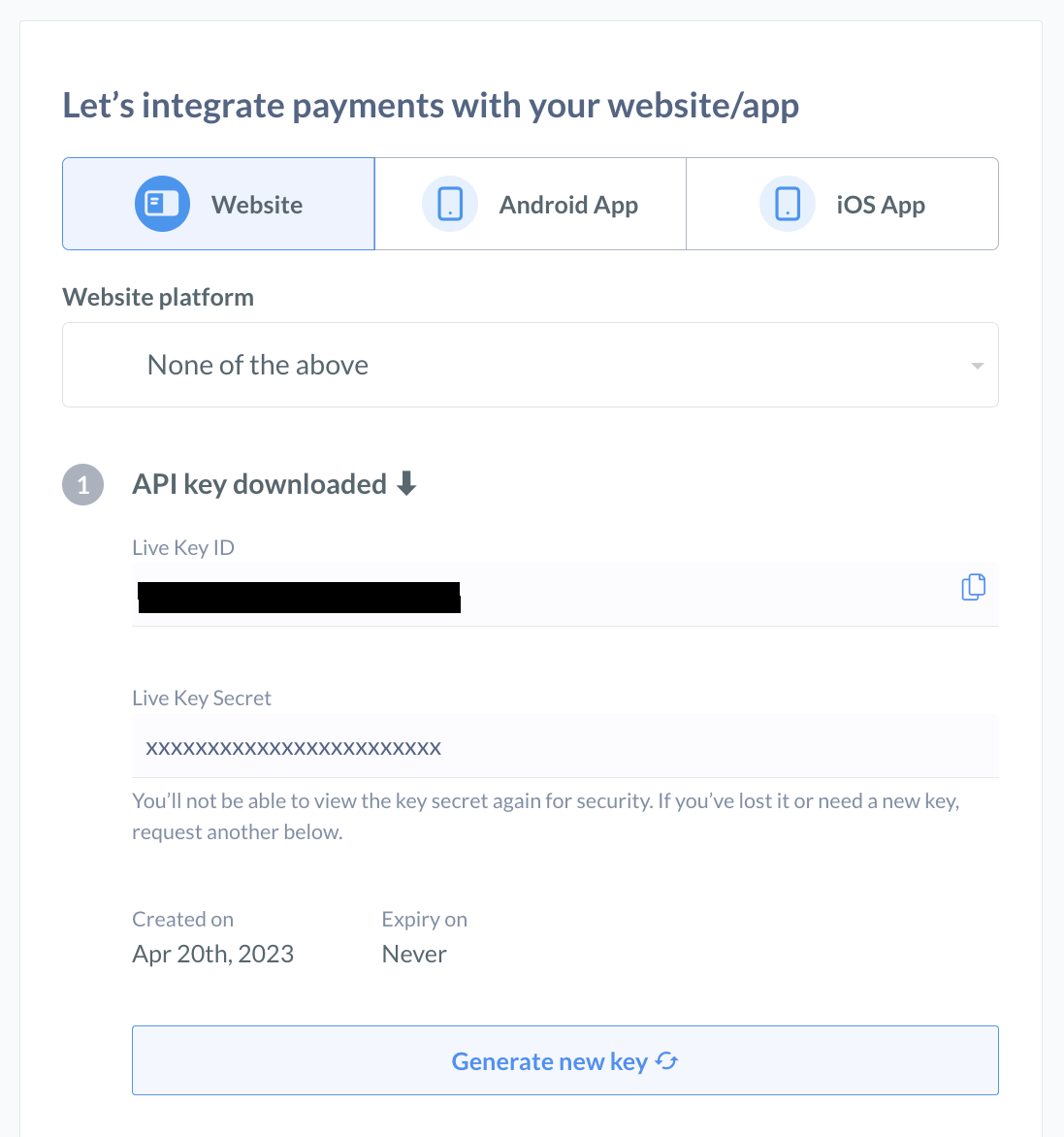 A screenshot of adding an API key on Razorpay.