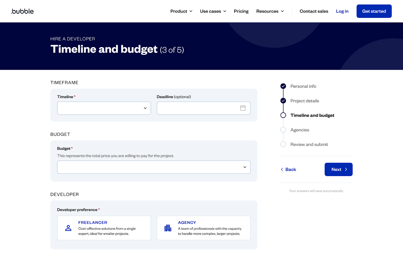 Step 3 of the RFP form titled "Timeline and budget." There are entries for timeline, deadline, budget, and agency or freelancer preferences.