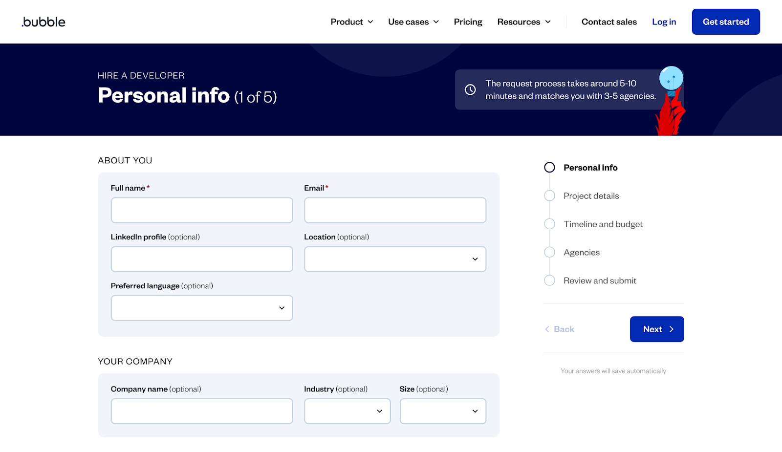 Step 1 of the RFP form titled "Personal info." There is an about section and a company section.