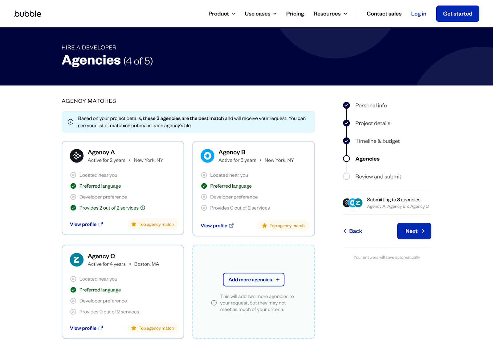 Step 4 of the RFP form titled "Agencies." It shows Agency A, B, and C with different match categories checked off.