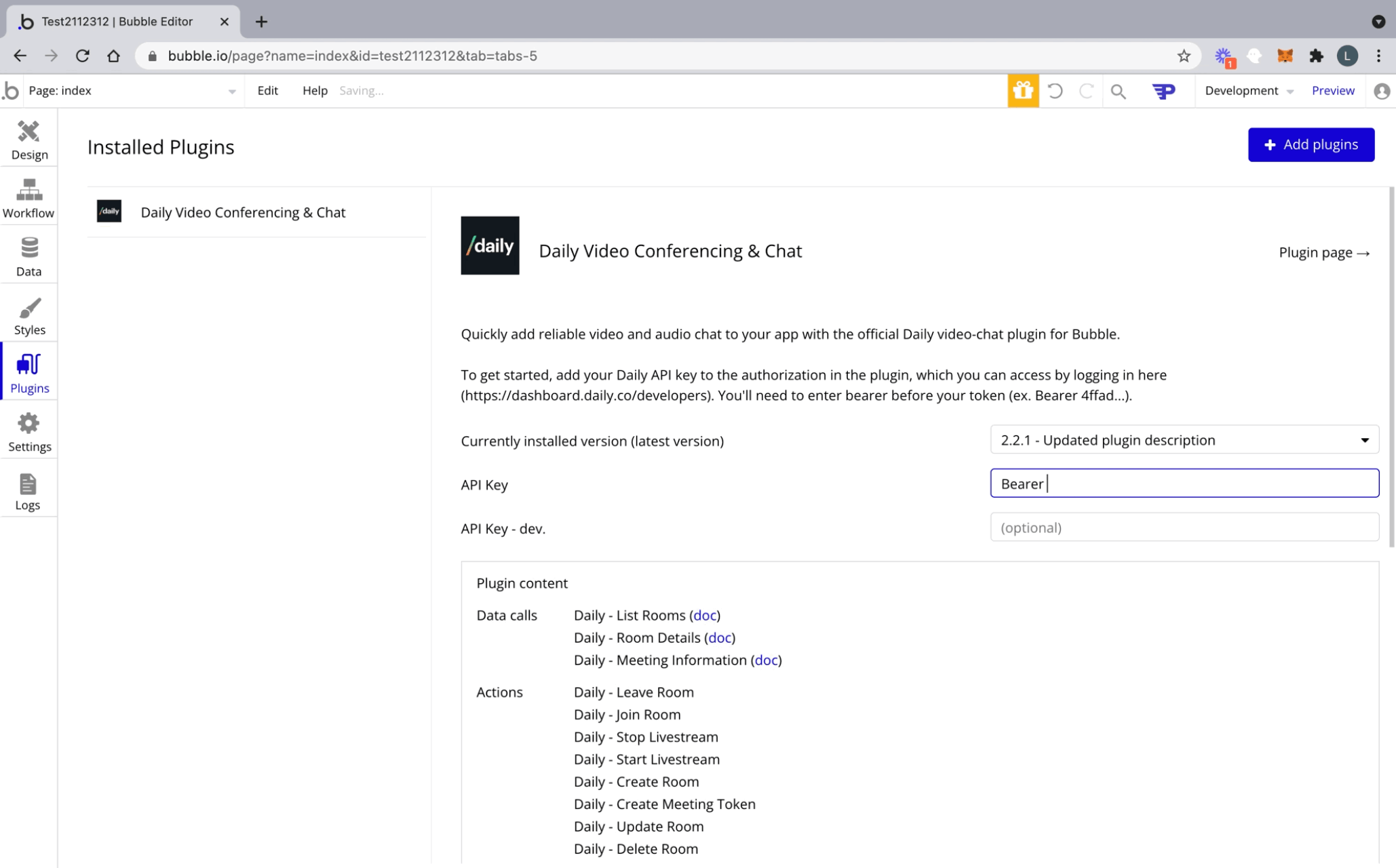 Adding your API key for Daily on Bubble.