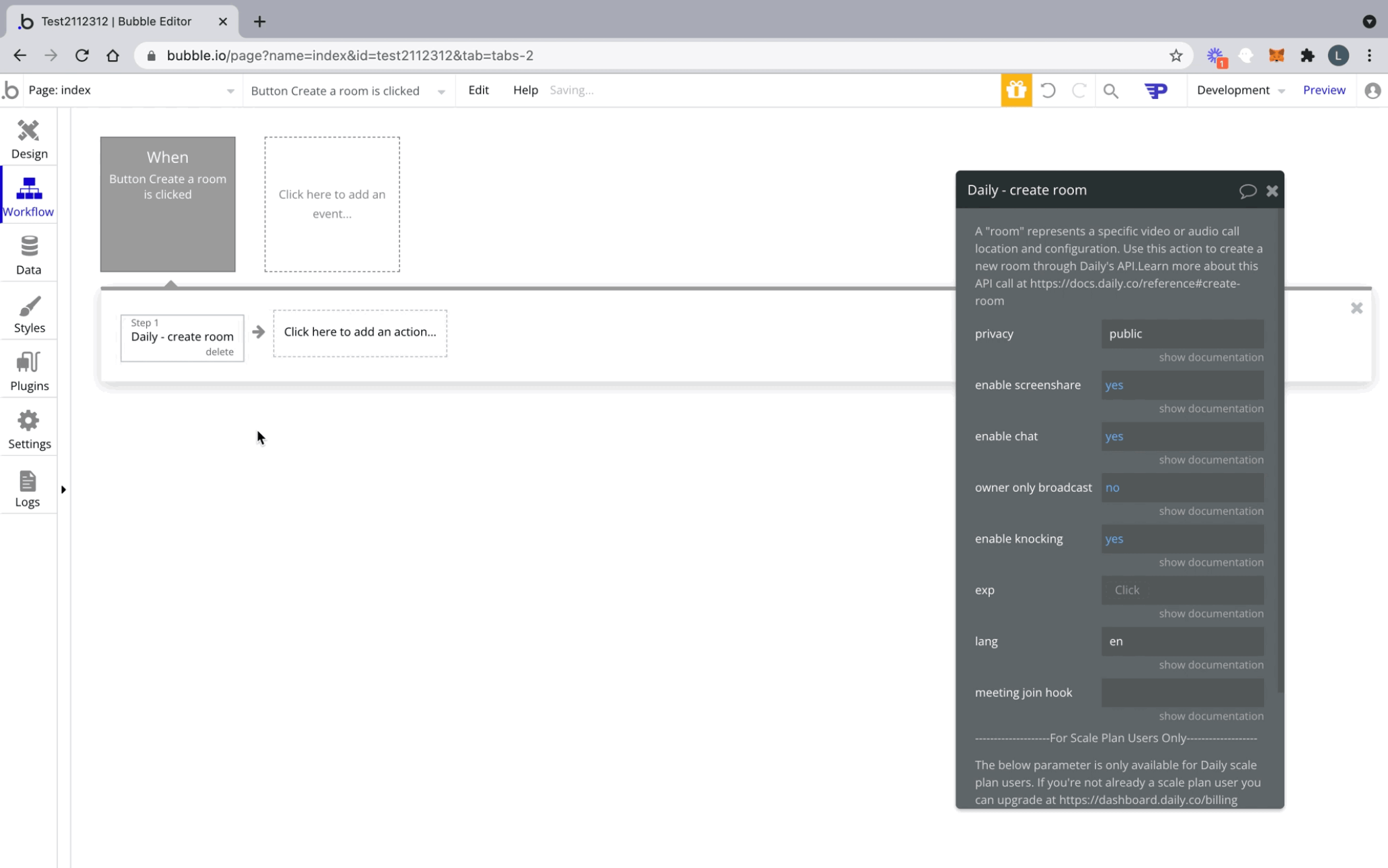 Creating a room workflow on Bubble.