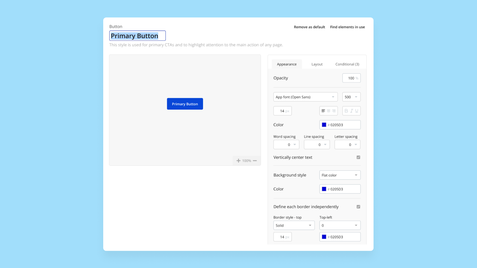 Setting styles for a button in the Bubble editor.
