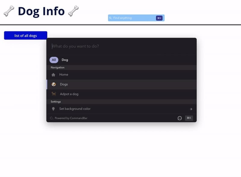 Using the CommandBar plugin in a Dog Info app.