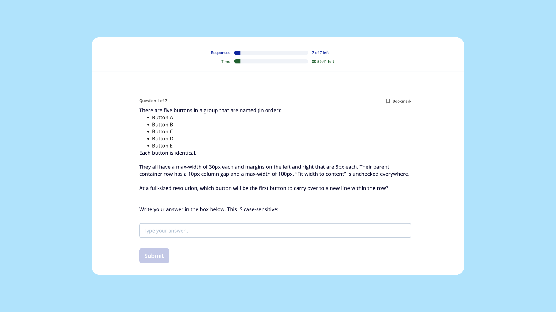 A sample question showing the new UX/UI of the Bubble Developer Certification.