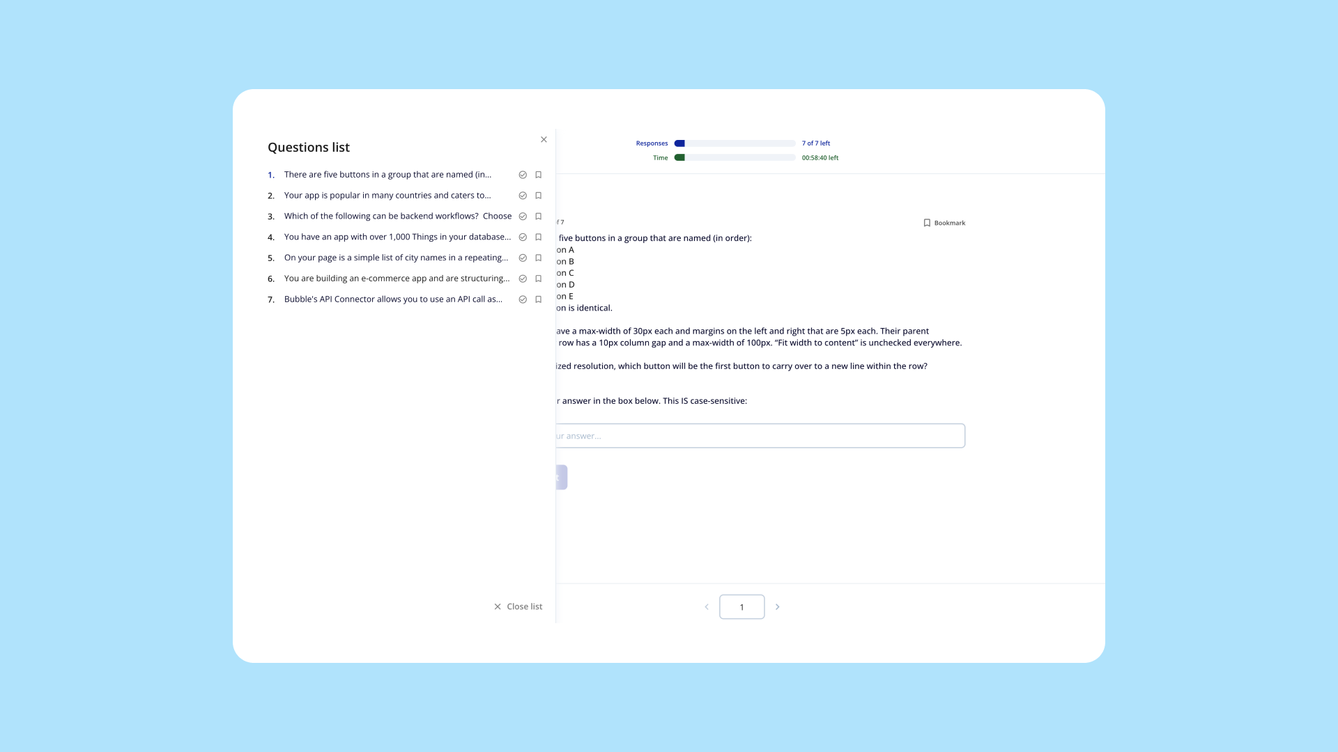 A screenshot showing the question list — part of the new UX/UI of the Bubble Developer Certification.