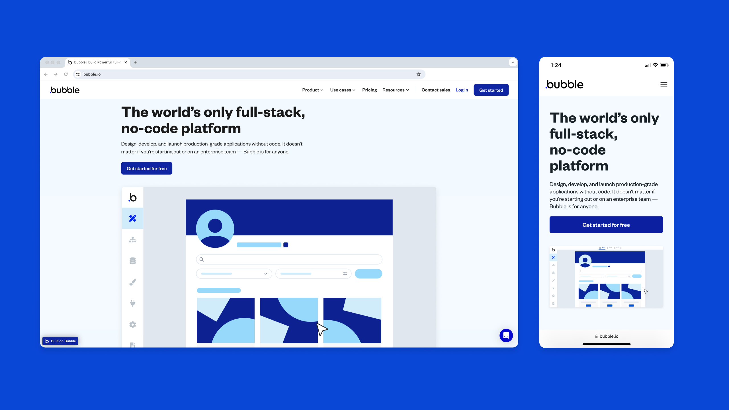 A side-by-side of Bubble's homepage on desktop and mobile, showing responsive design.