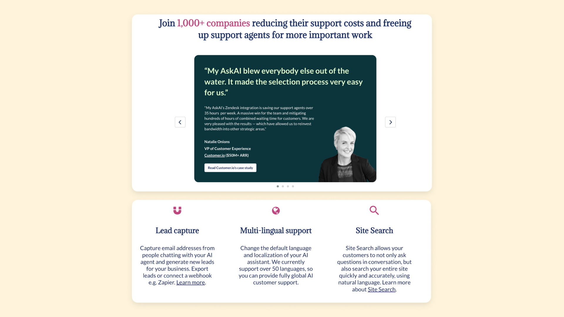 A screenshot of the testimonial and feature modules of My AskAI's website