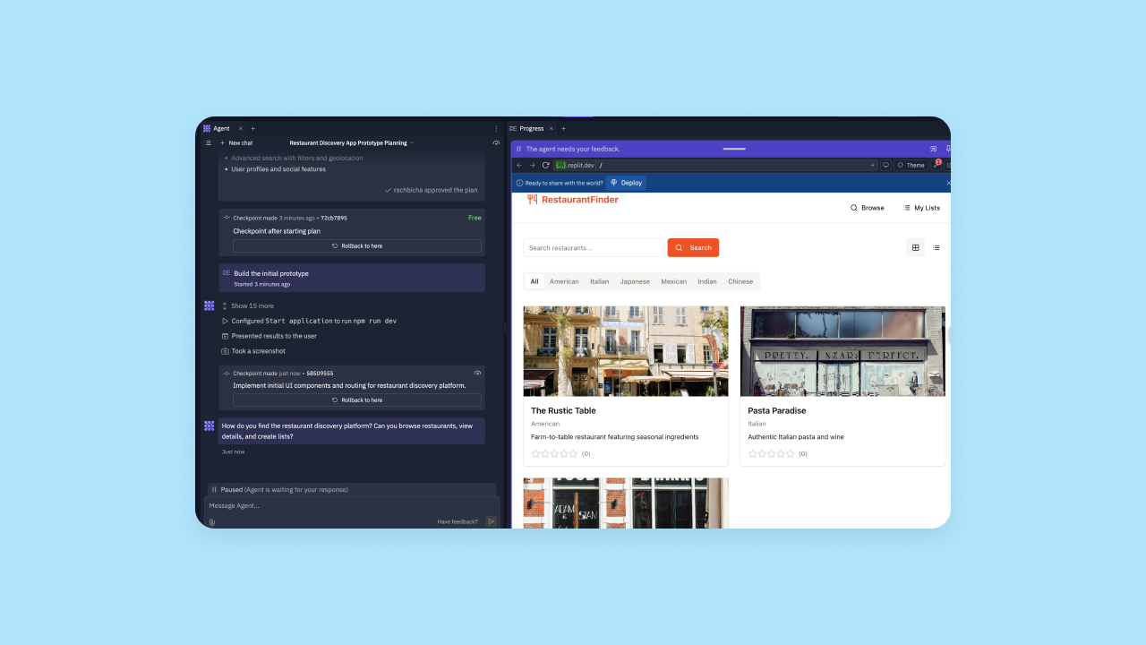 Replit showing a visual of the app it creates.