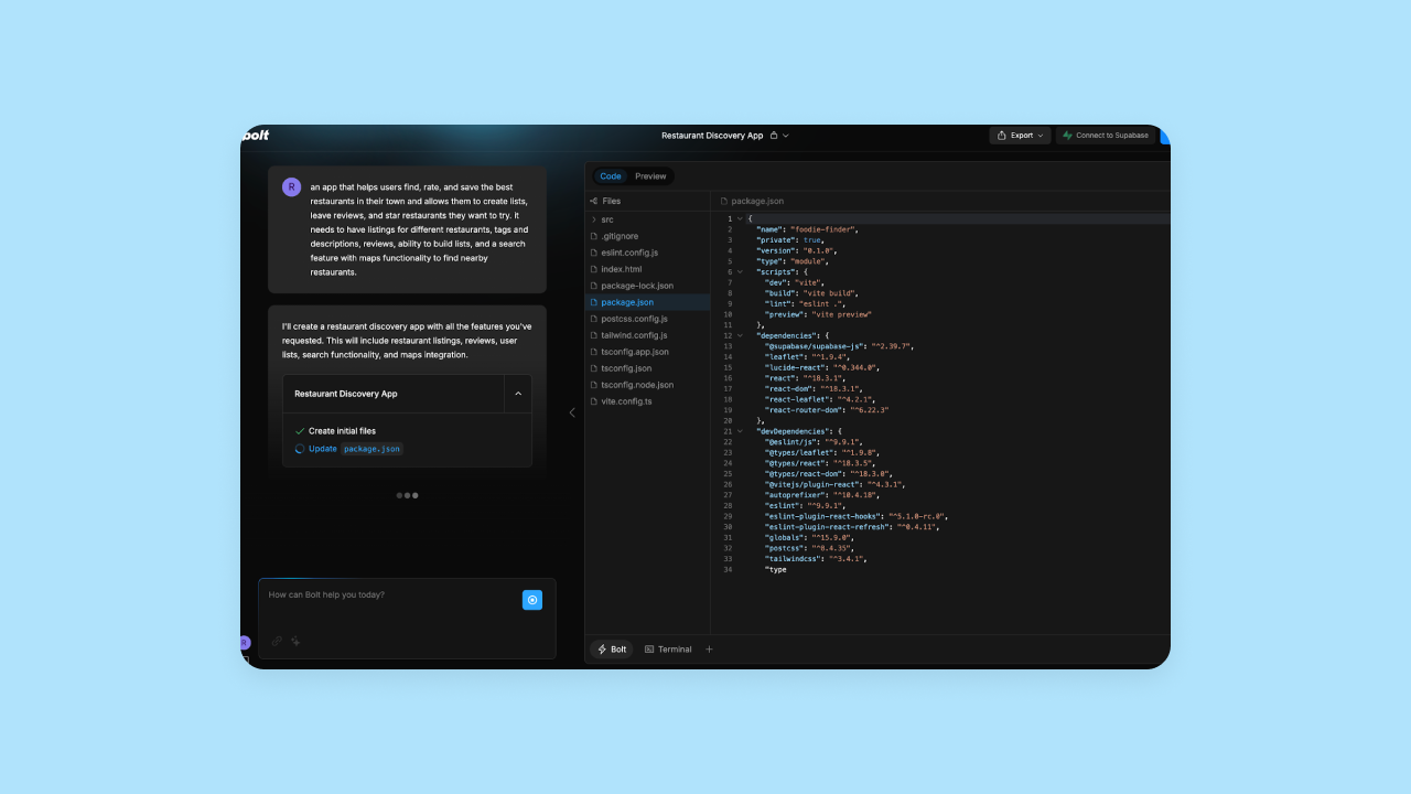 Bolt's AI outputting code.