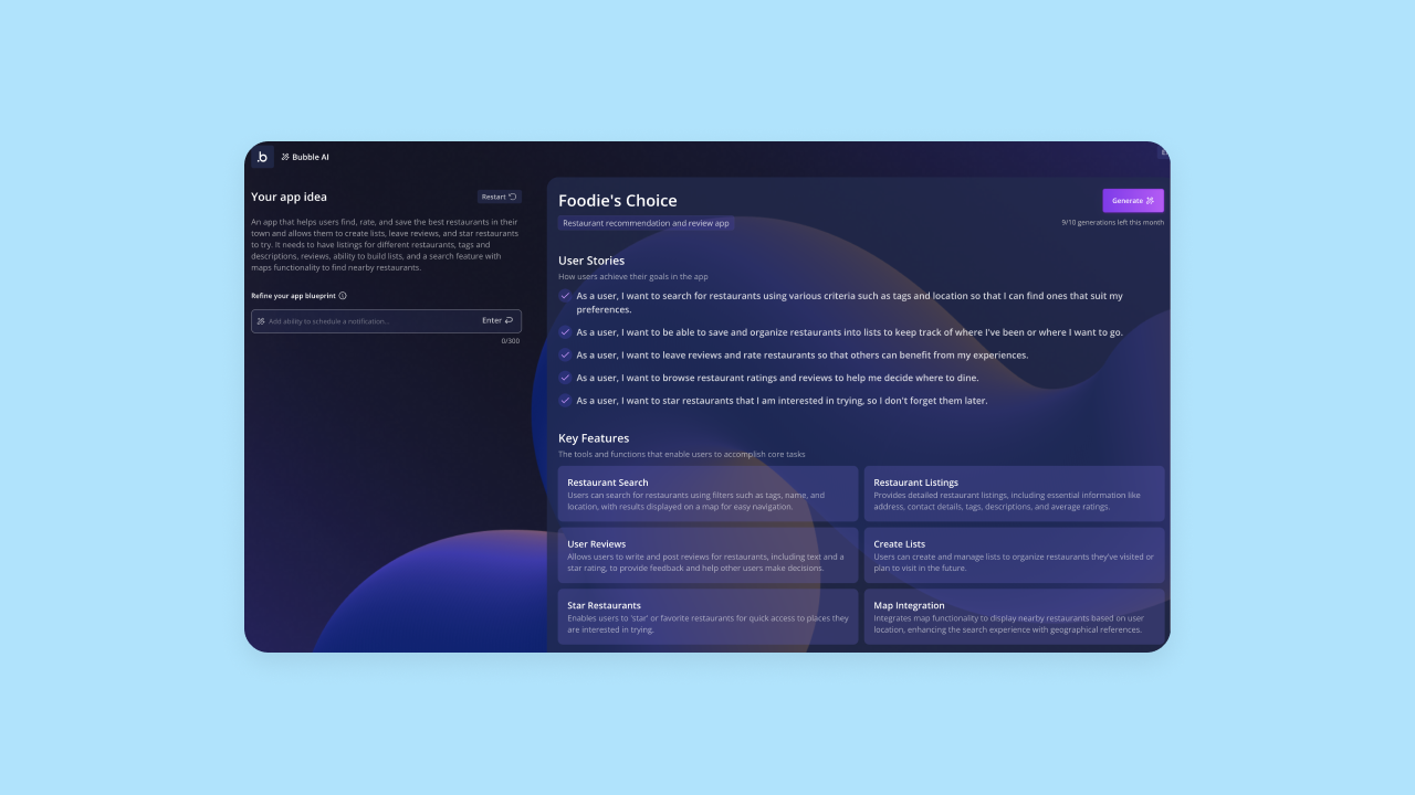 Bubble's suggested features.