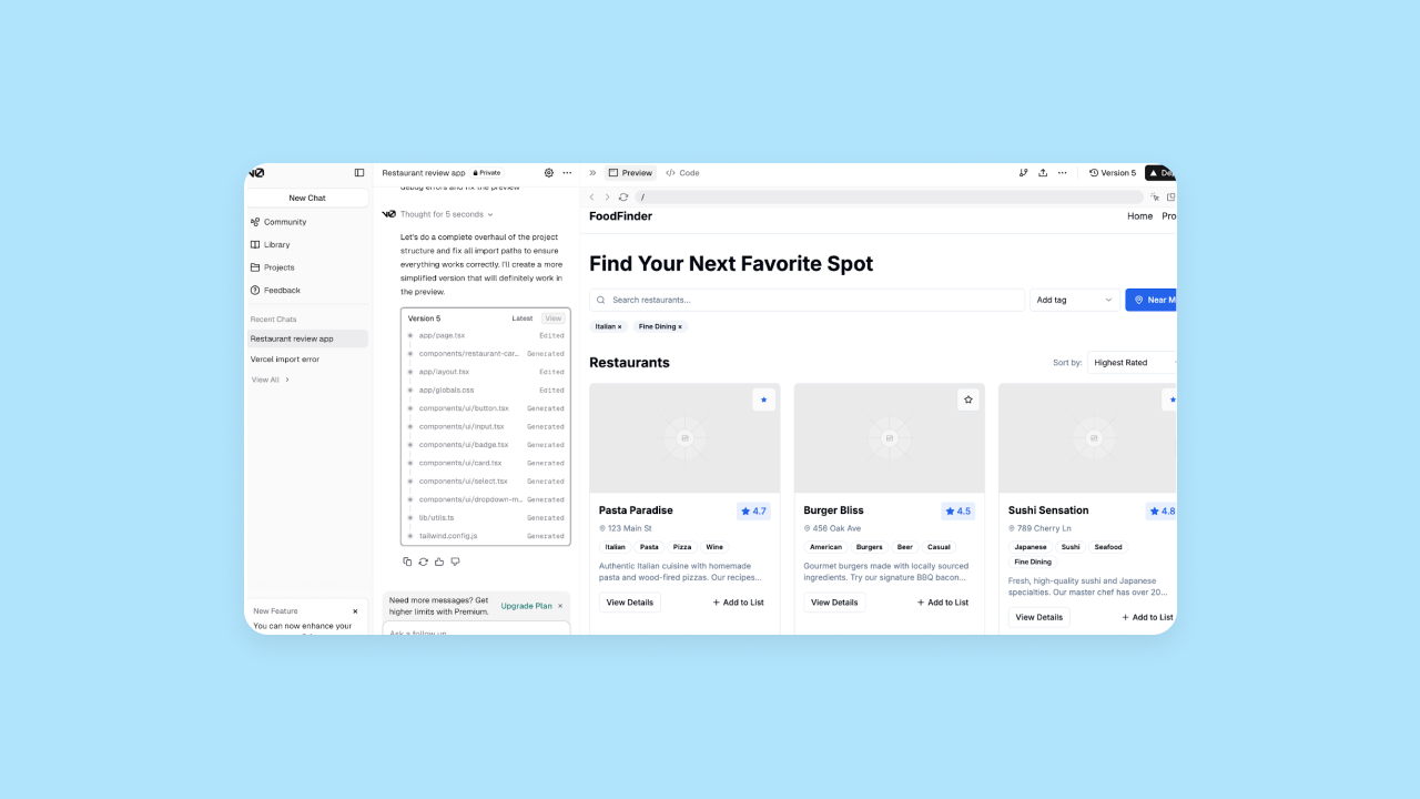 v0's output for a restaurant app