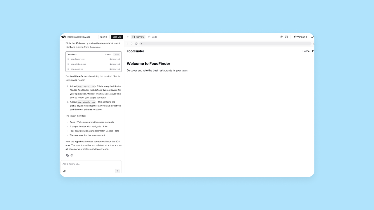 v0's output for a restaurant app. It is very simple and text-only.