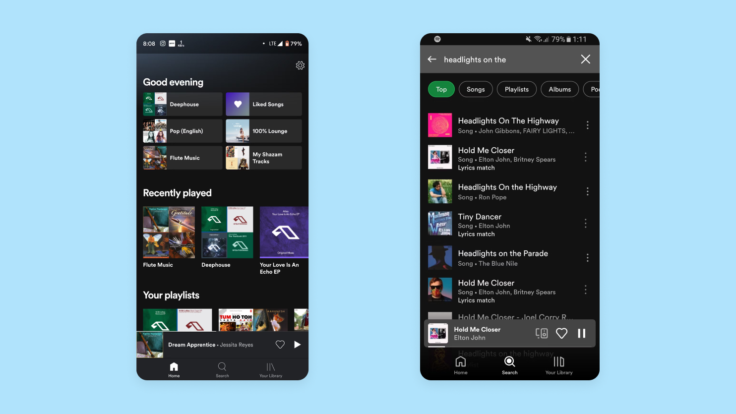 Spotify home and search screens
