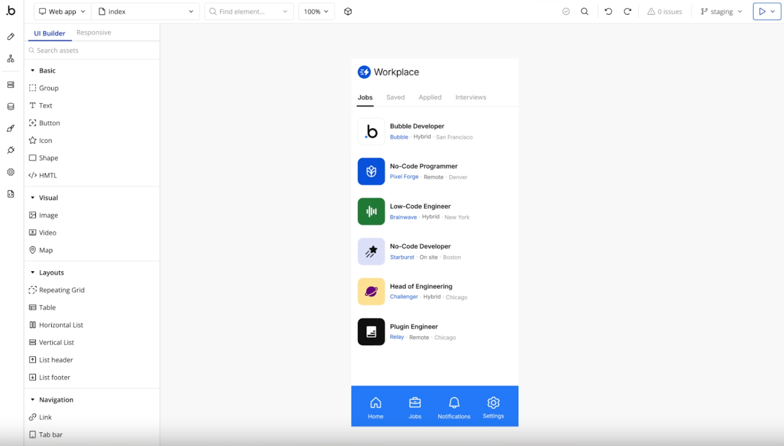 A job marketplace app being built on Bubble