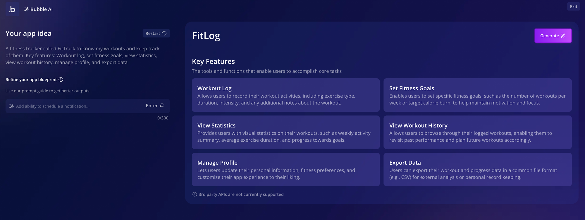 Bubble's app blueprint showing a list of key features