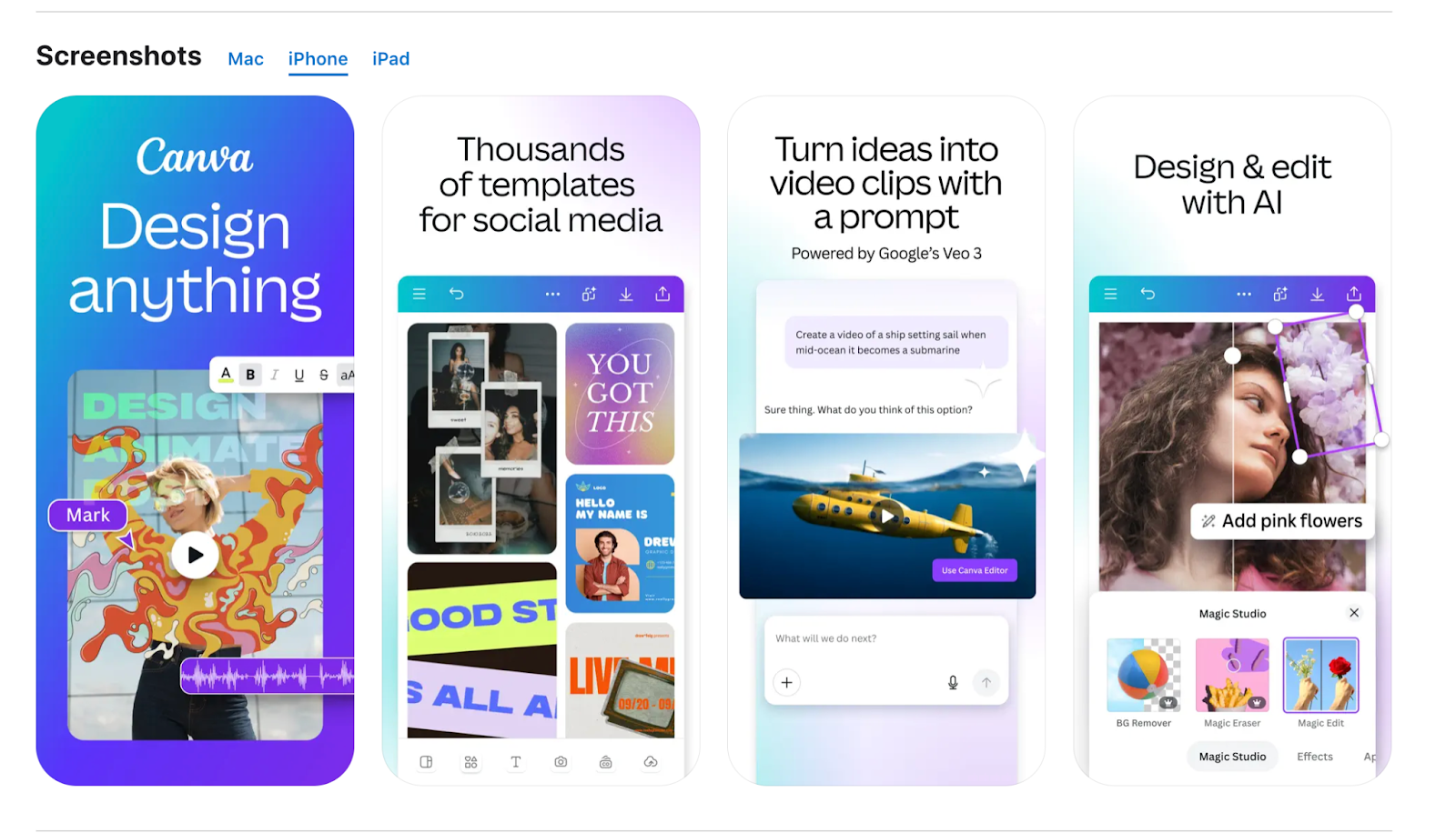 screenshot of the Canva app's displayed screenshots in the Apple App Store 