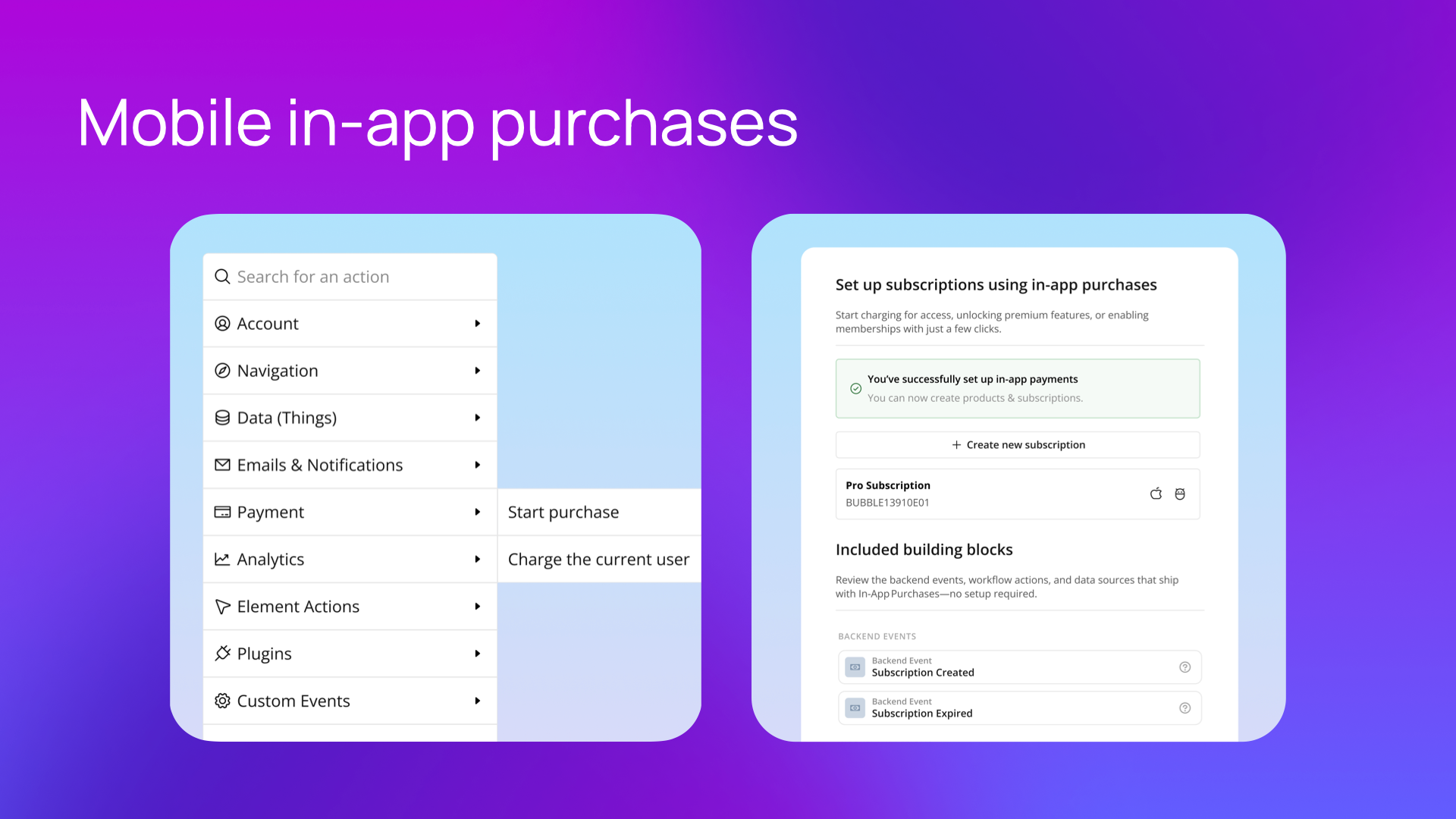 An example of setting up a mobile in-app purchase on Bubble