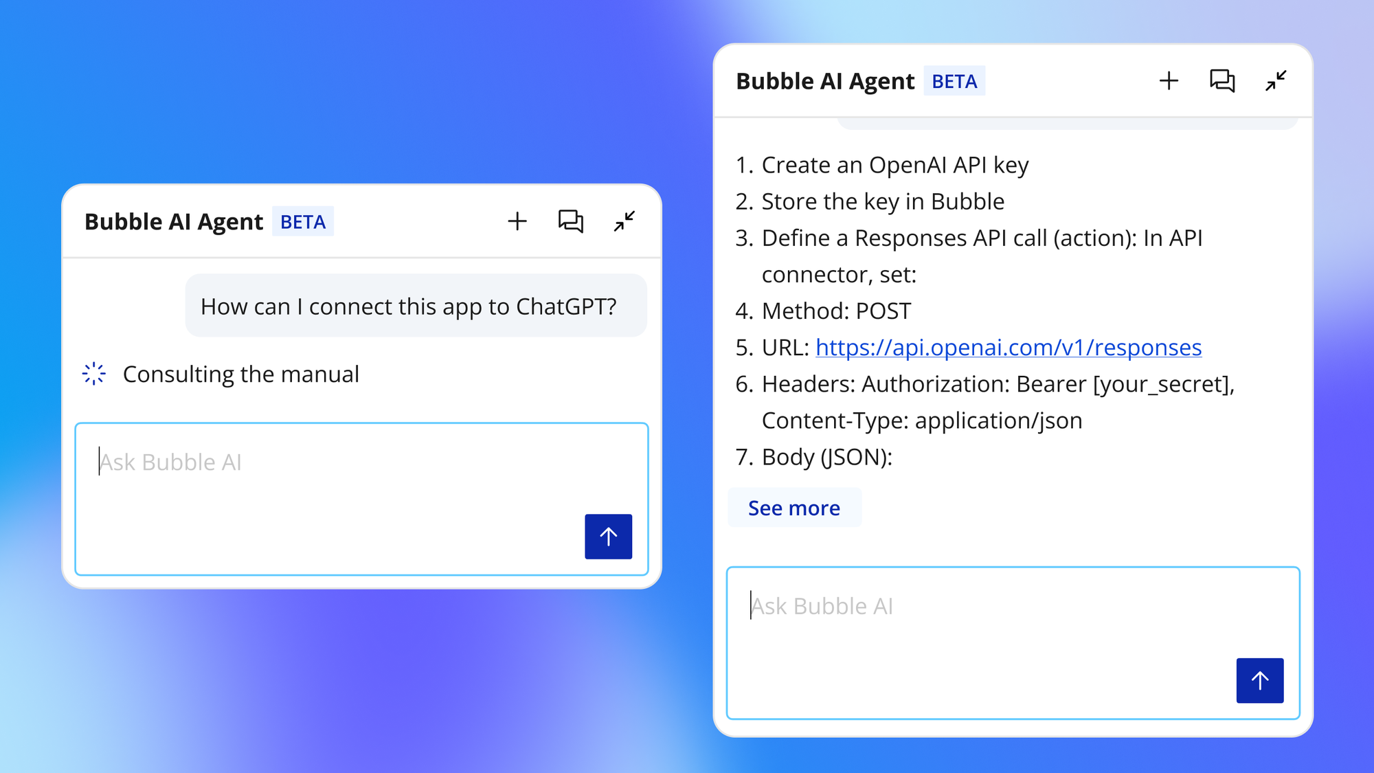 The Bubble AI Agent showing how to connect an OpenAI API