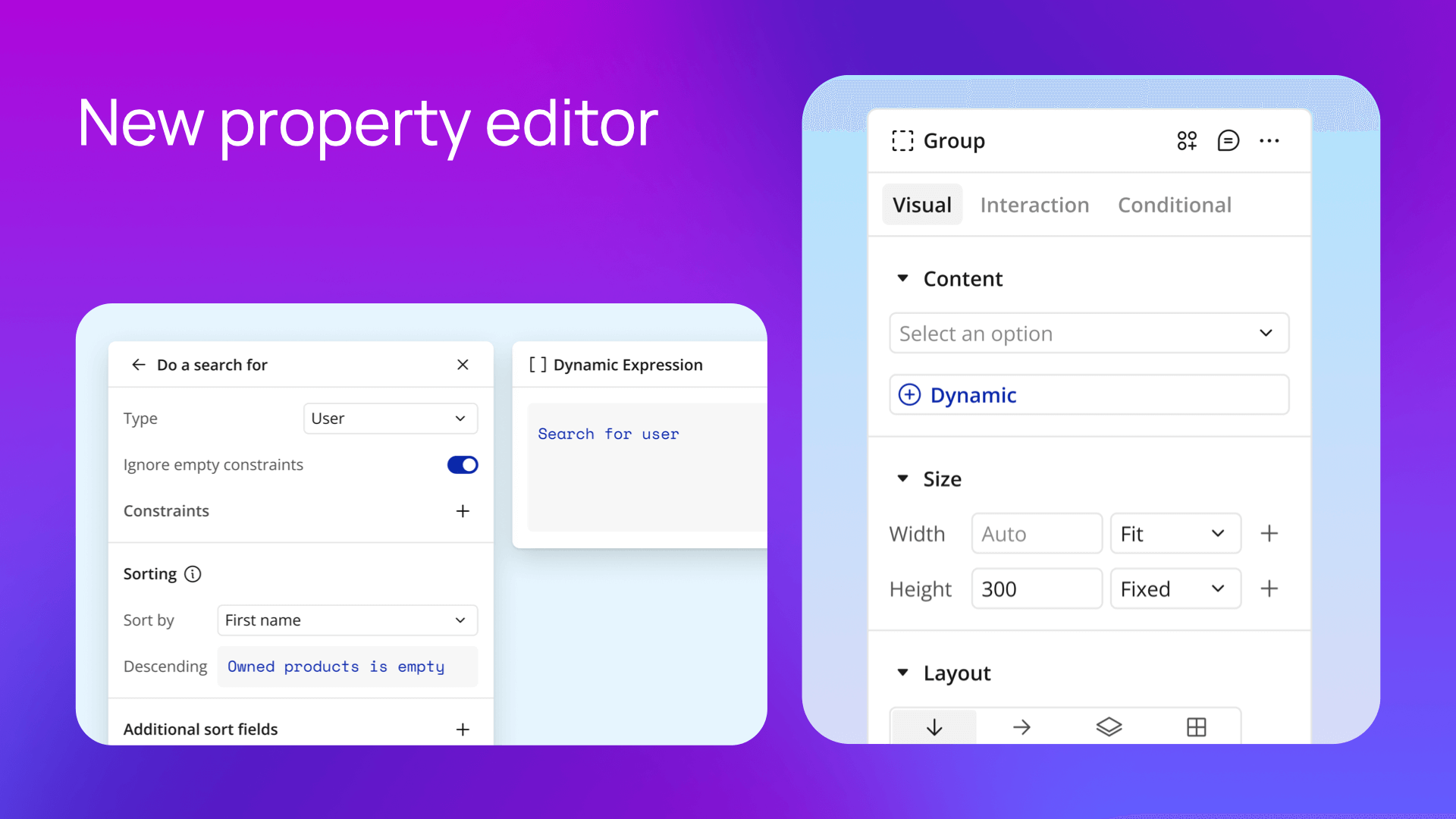 A graphic showing different interactions in the upcoming property editor on Bubble