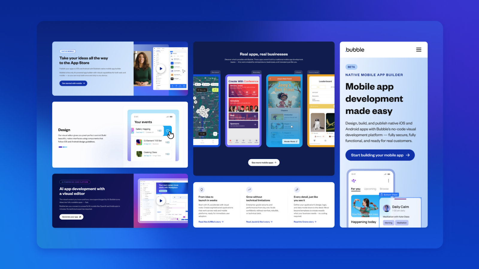 Screenshots from Bubble's different pages.