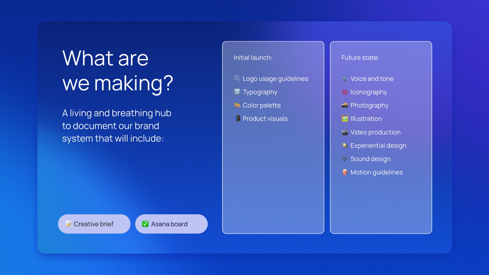 A slide from the brand page kickoff deck that asks "what are we making?"