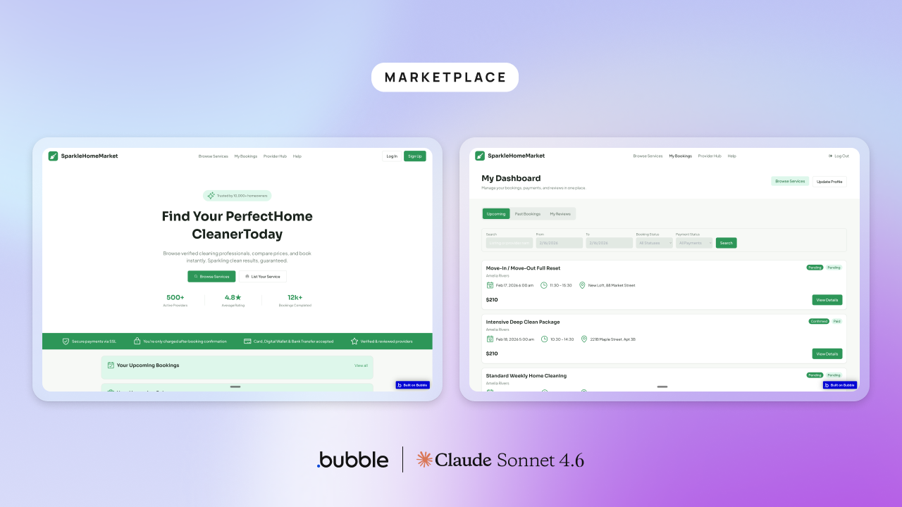 A marketplace built with Bubble AI before and after Claude Sonnet 4.6