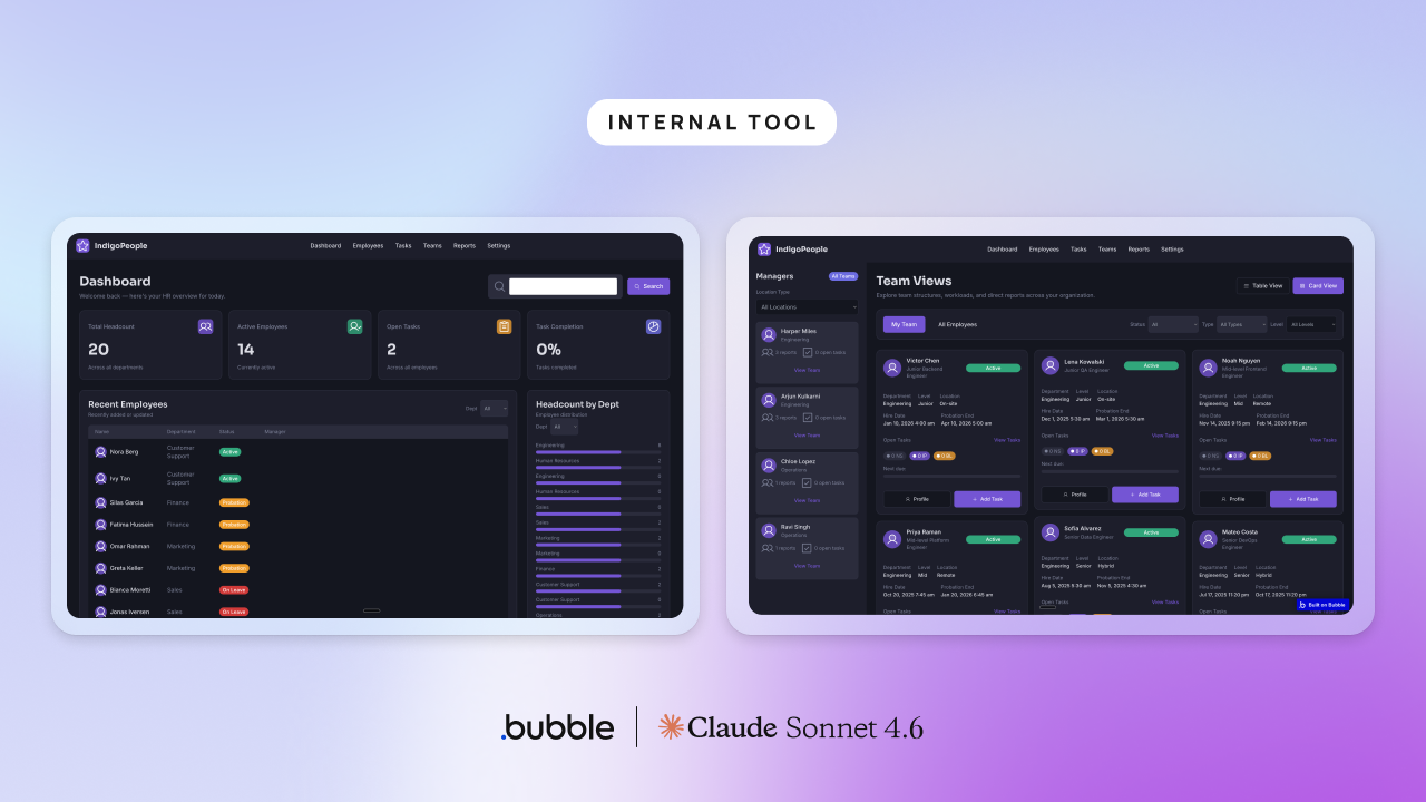An internal tool built with Bubble AI before and after Claude Sonnet 4.6