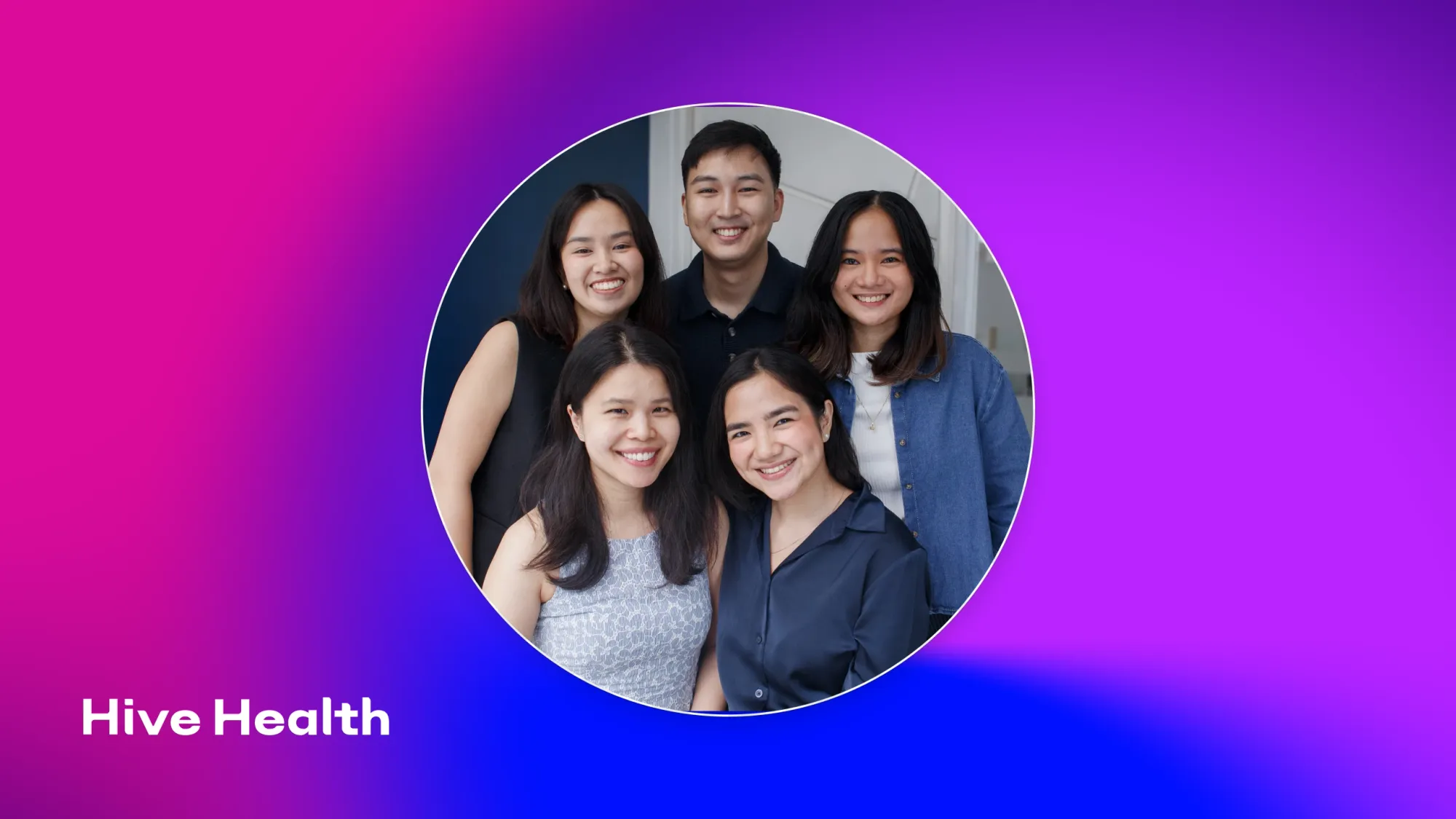 Hive Health team portrait of five smiling coworkers in a circular frame on a pink and purple gradient background