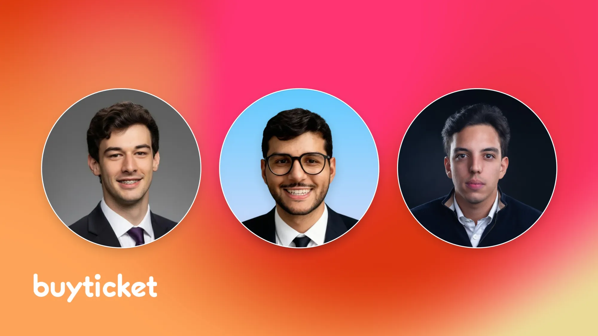 Three professional headshots in circular frames on gradient background with text buyticket at bottom left