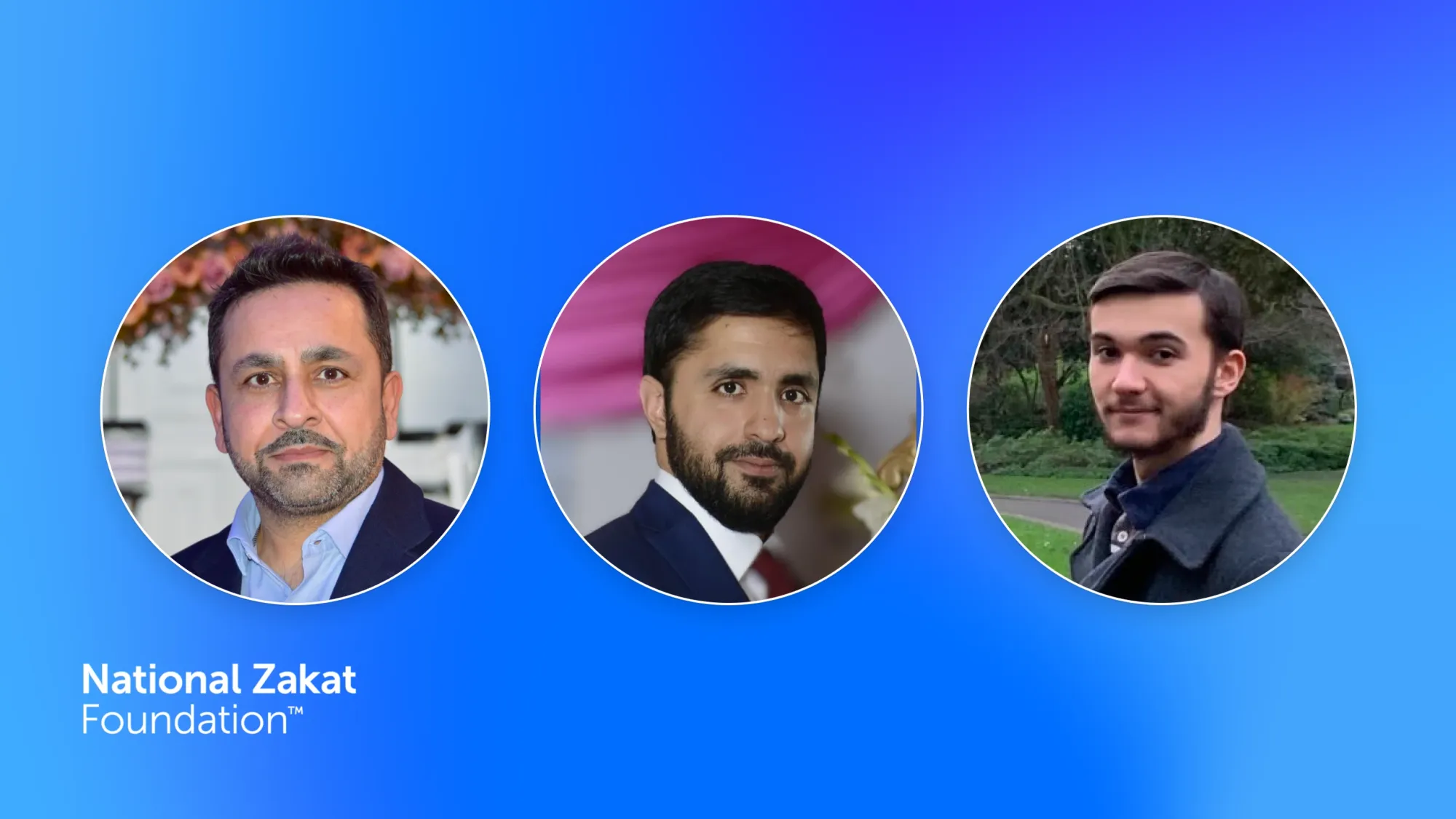 Three male headshots in circular frames on blue gradient background with text National Zakat Foundation