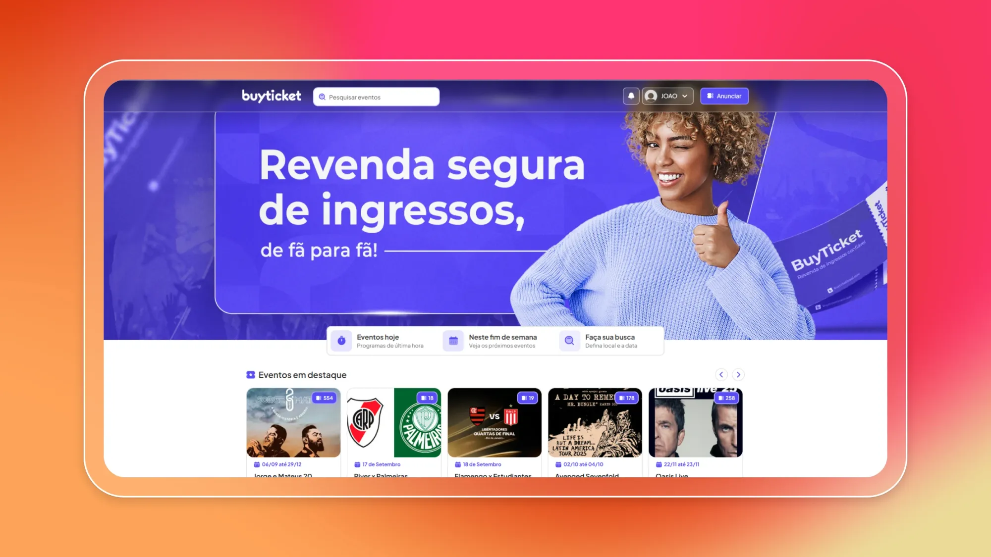 BuyTicket website homepage with text Revenda segura de ingressos and smiling woman giving thumbs up, plus event ticket listings below