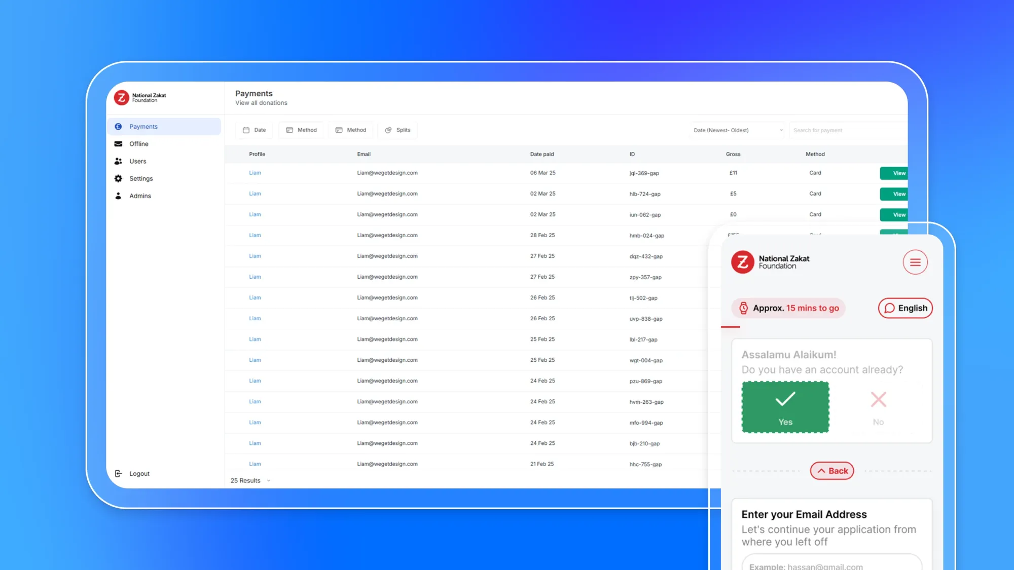 National Zakat Foundation payments dashboard with donation list and mobile form asking account and email address, English toggle and 15 mins to go