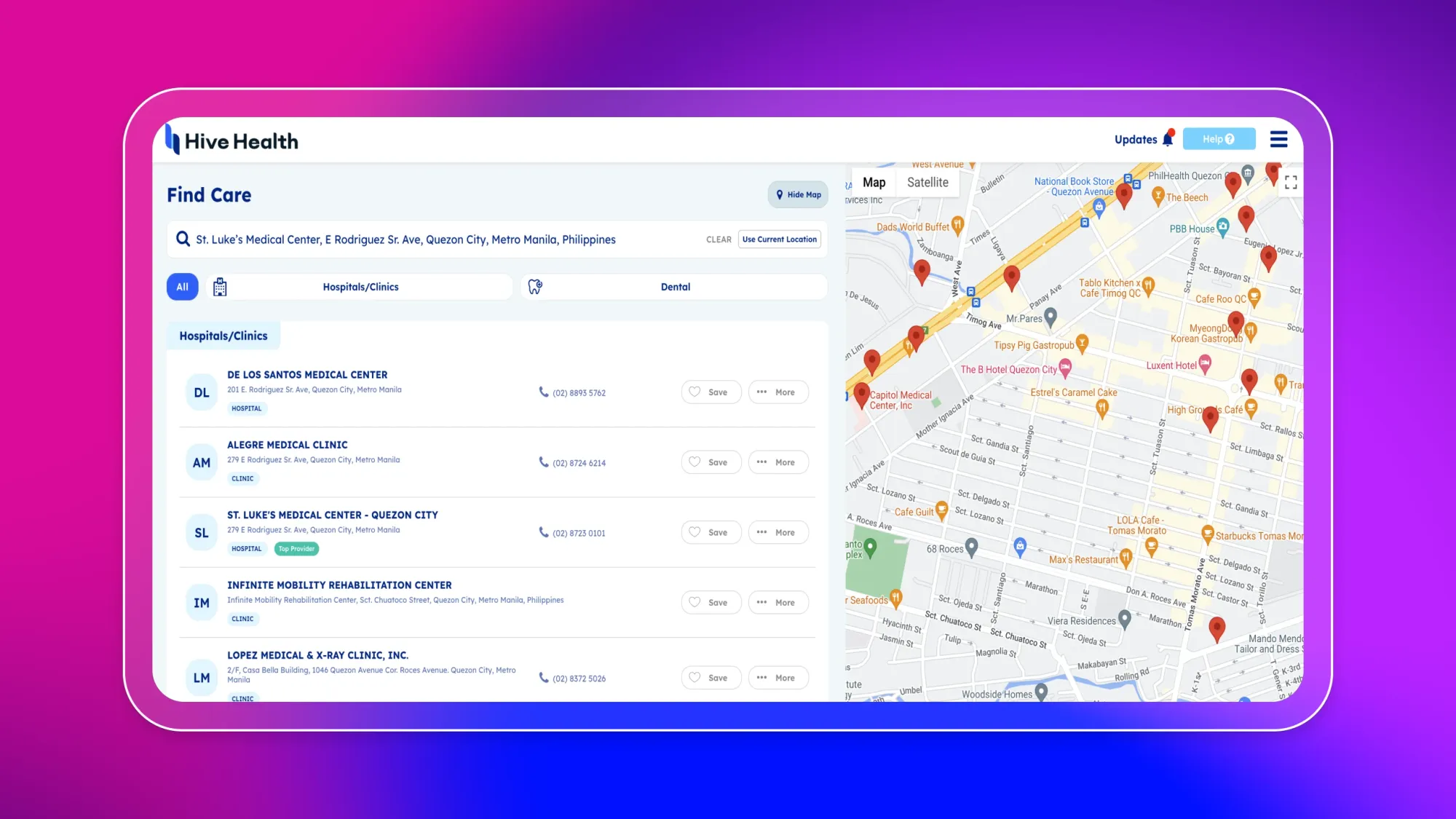 Hive Health Find Care dashboard showing hospitals and clinics list with phone numbers and a Google map with location pins in Quezon City, Philippines
