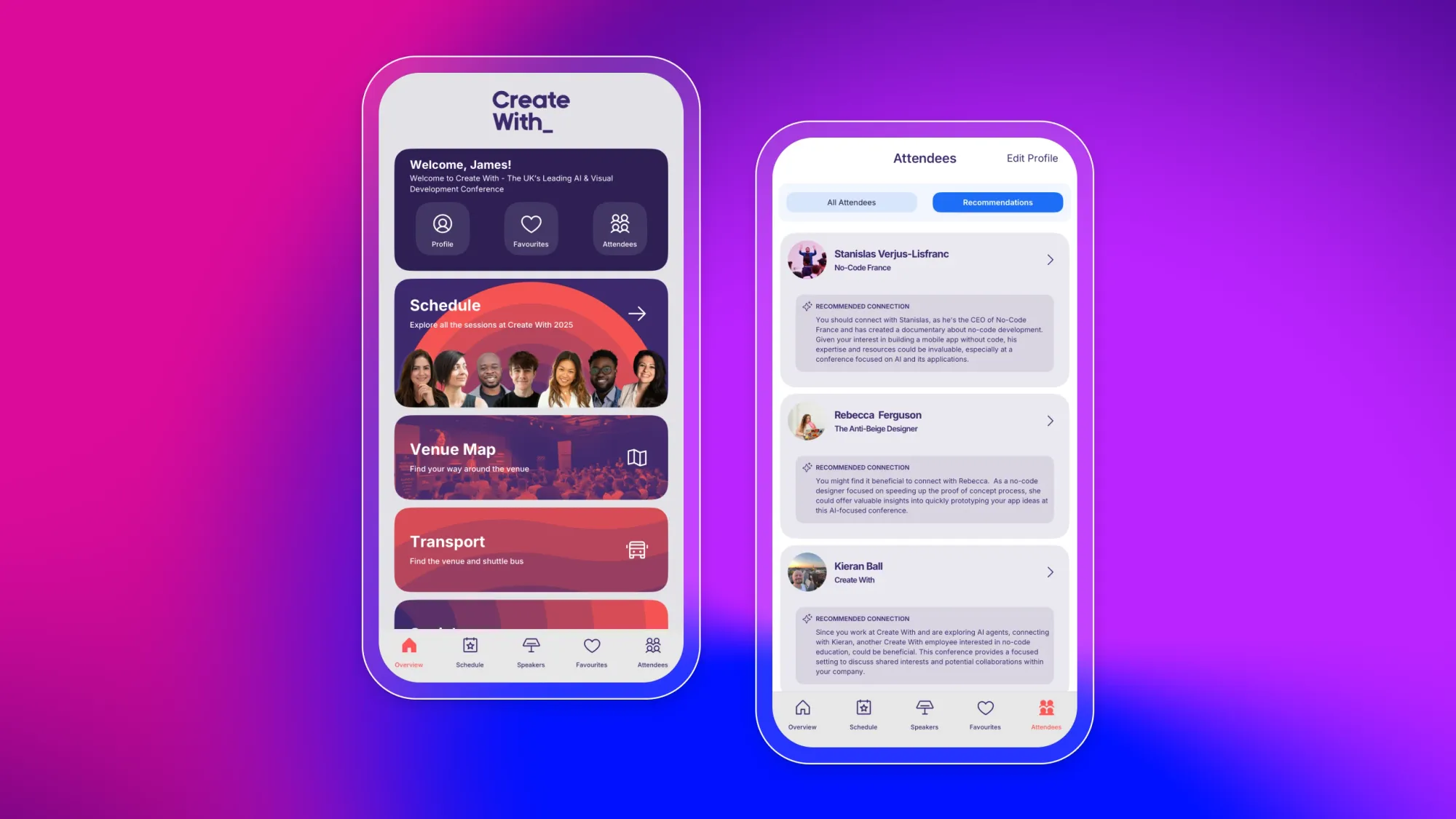 Create With conference app screens showing schedule, venue map, transport, and attendee recommendations on smartphones