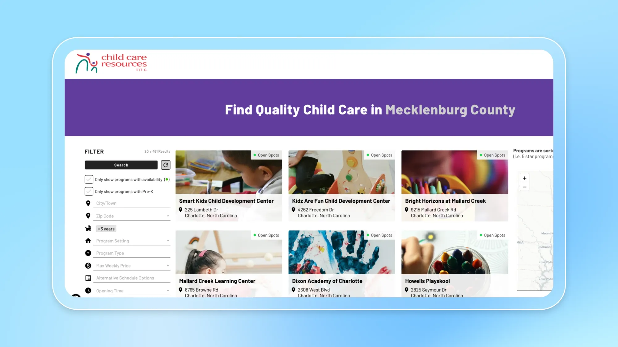 Child Care Resources website listing with filters and map, headline reads Find Quality Child Care in Mecklenburg County