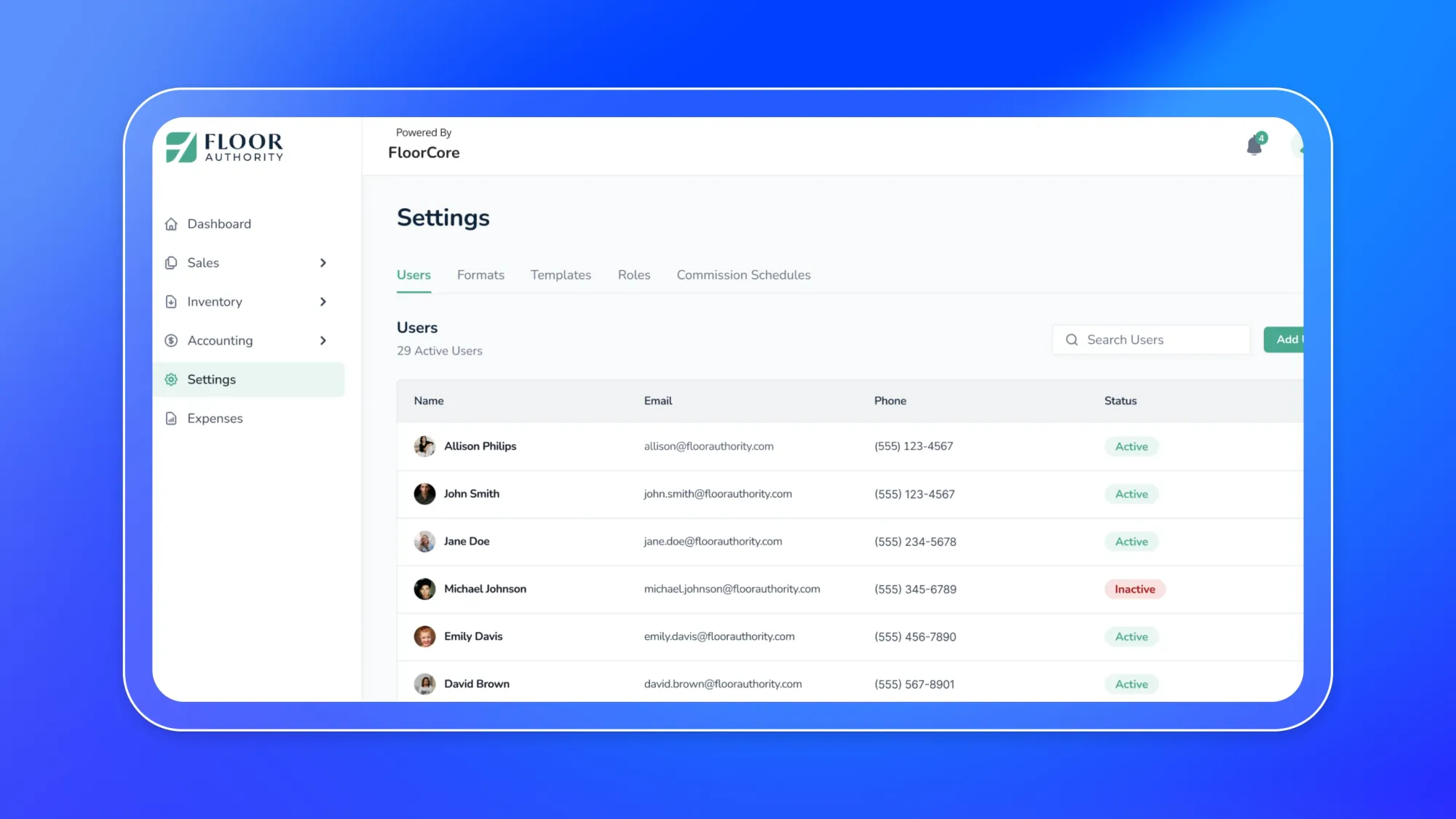 Floor Authority Settings dashboard powered by FloorCore, Users tab showing active user list with emails, phone numbers, and status badges