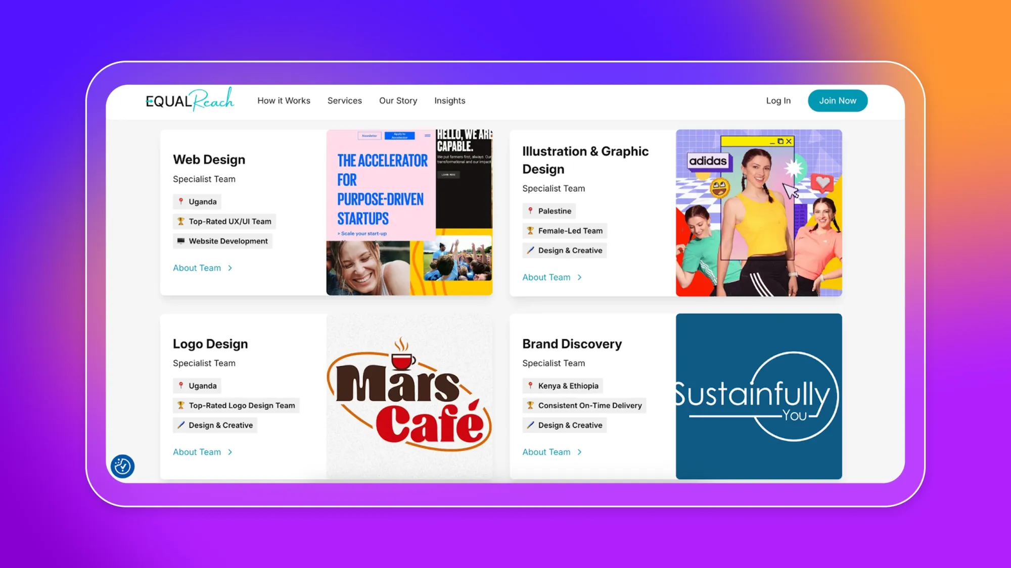 EqualReach website dashboard showing web design, logo design, brand discovery and illustration services with Join Now button